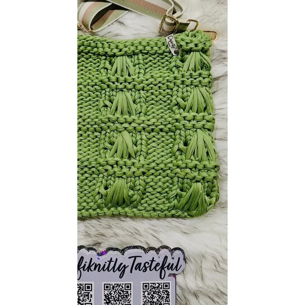 Hand Knit Avocado Green Crossbody Bag: T-Shirt Yarn Purse with Guitar Strap